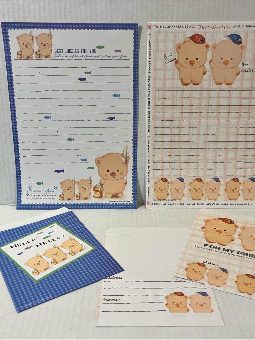 1993 Vintage Kawaii Style Stationary Set "For My Friend"Cartoon Pigs in Hats